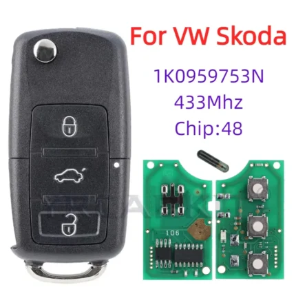 Flip Car Remote Key 1K0959753N 48 Chip For Volkswagen VW PASSAT Octavia Skoda CADDY GOLF JETTA Tiguan POLO Seat AItea Ibiza